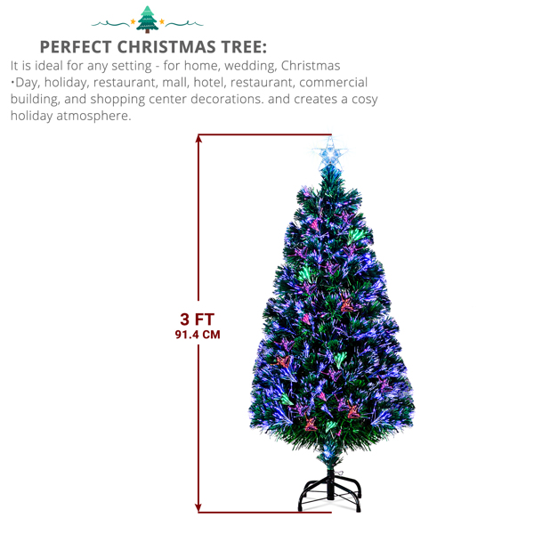  3ft 绿色 光纤 七彩变色 85枝头 顶部带星星 塑料底座 PVC材质 圣诞树 英规 N101-2