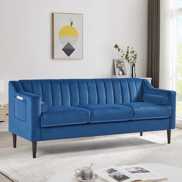 现代切斯特菲尔德沙发，舒适的软垫沙发，天鹅绒面料，木框木腿，适用于客厅/卧室/办公室，3 座沙发 - 蓝色-1