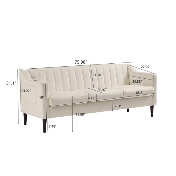 现代切斯特菲尔德沙发，舒适的软垫沙发，天鹅绒面料，木框木腿，适用于客厅/卧室/办公室，3 座沙发 - 白色-9