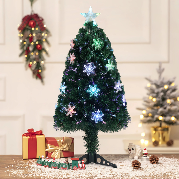  3ft 绿色 光纤 12灯带雪花片 七彩变色 85枝头 顶部带星星 塑料底座 PVC材质 圣诞树 欧规 N101-5