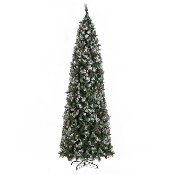  9ft 绿色粘白 460灯 暖色8模式 1298枝头 91个松果 91个浆果 自动树结构 尖头铅笔造型 PVC材质 圣诞树 欧规 N101-8