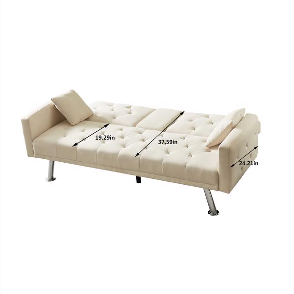 米色亚麻布可转换沙发床，方形护臂，可放水杯，两个枕头-11