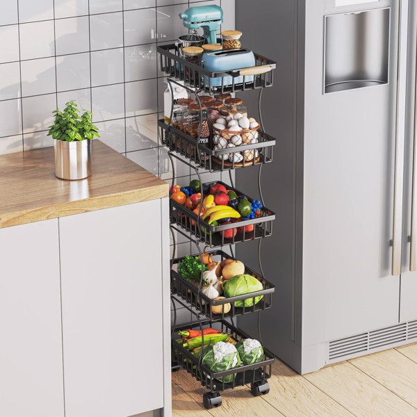 5 层厨房水果蔬菜篮，水果蔬菜储物车，蔬菜篮箱，钢丝储物篮收纳实用车带轮，中号，黑色-6
