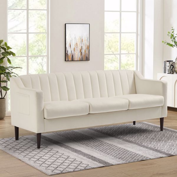 现代切斯特菲尔德沙发，舒适的软垫沙发，天鹅绒面料，木框木腿，适用于客厅/卧室/办公室，3 座沙发 - 白色-7