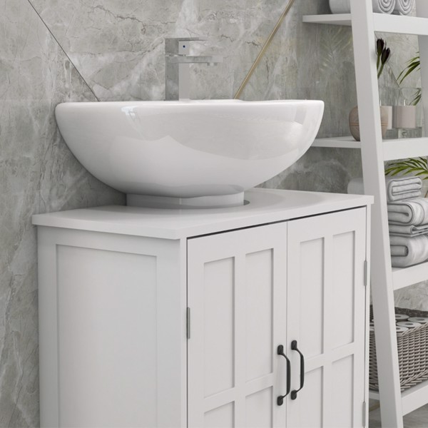 浴室水槽柜，带可调节搁板的底座水槽柜，白色-13