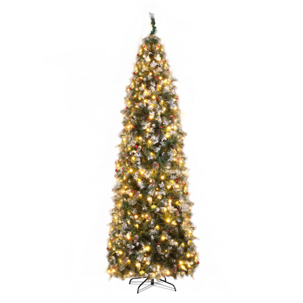  9ft 绿色粘白 460灯 暖色8模式 1298枝头 91个松果 91个浆果 自动树结构 尖头铅笔造型 PVC材质 圣诞树 美规 N101-1