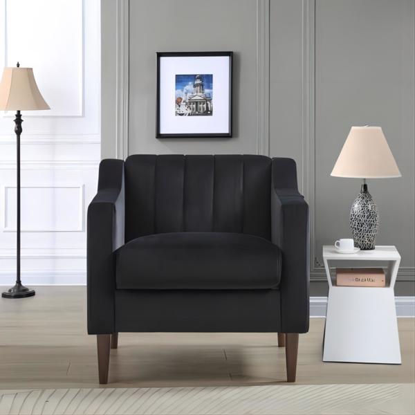 现代软垫簇绒口音椅，天鹅绒织物单人沙发单边椅，舒适的桶俱乐部客厅扶手椅，带实木腿，用于卧室客厅客厅 阅览室办公室-黑色-7