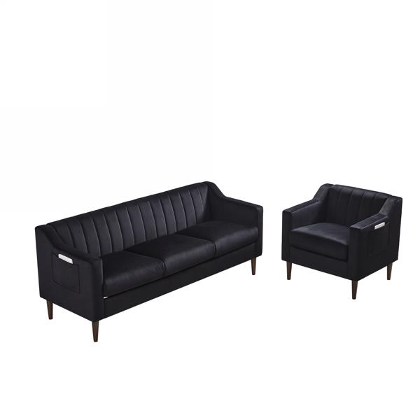 现代切斯特菲尔德沙发，舒适的软垫沙发，天鹅绒面料，木框木腿，适用于客厅/卧室/办公室，3 座沙发 - 黑色-20