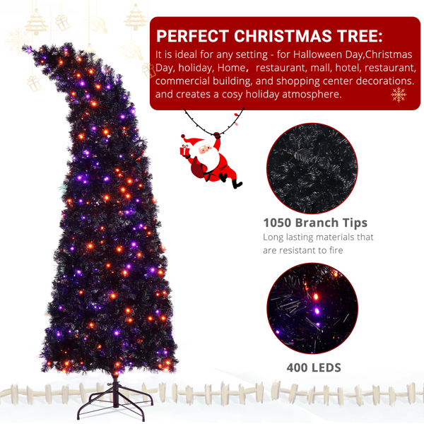  7ft 黑色 400灯 紫橙双色 10功能带遥控器 1050枝头 巫师帽造型 自动树结构 PVC材质 圣诞树 美规 N101-4
