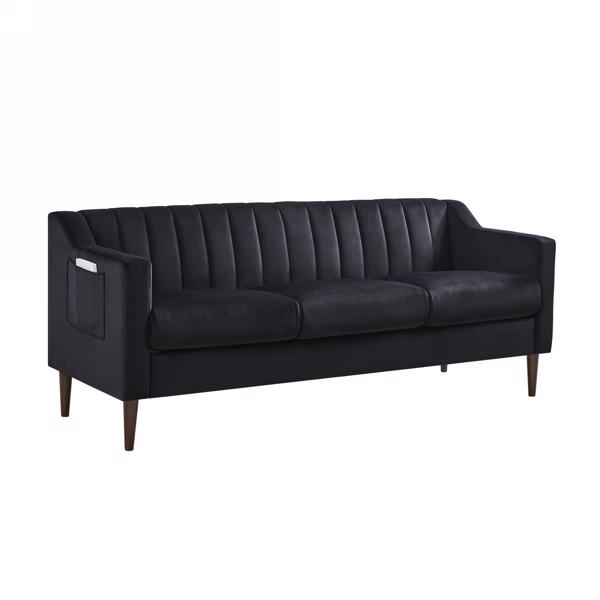 现代切斯特菲尔德沙发，舒适的软垫沙发，天鹅绒面料，木框木腿，适用于客厅/卧室/办公室，3 座沙发 - 黑色-3