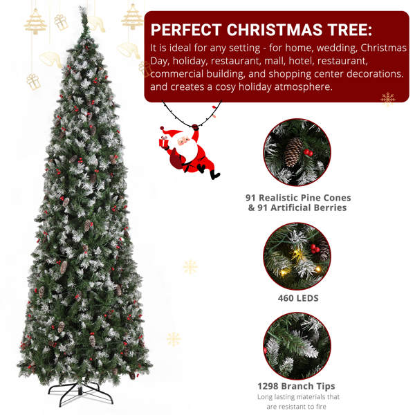  9ft 绿色粘白 460灯 暖色8模式 1298枝头 91个松果 91个浆果 自动树结构 尖头铅笔造型 PVC材质 圣诞树 美规 N101-3
