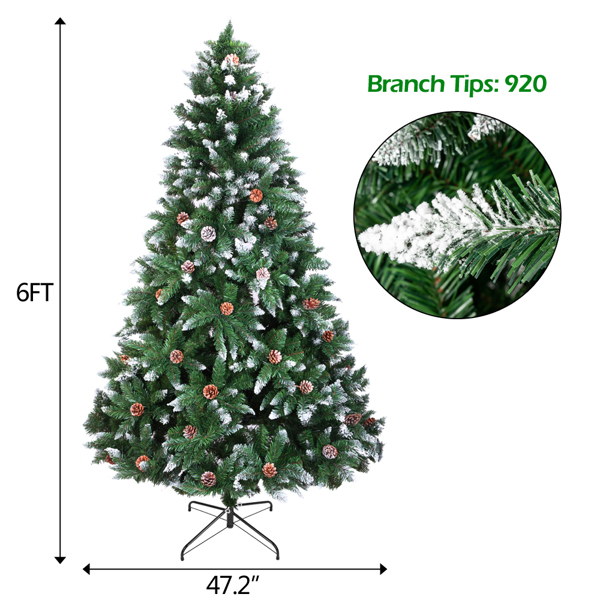 6ft 绿色尖头喷白 920枝头 52松果 自动树结构 PVC材质 圣诞树 N101-5