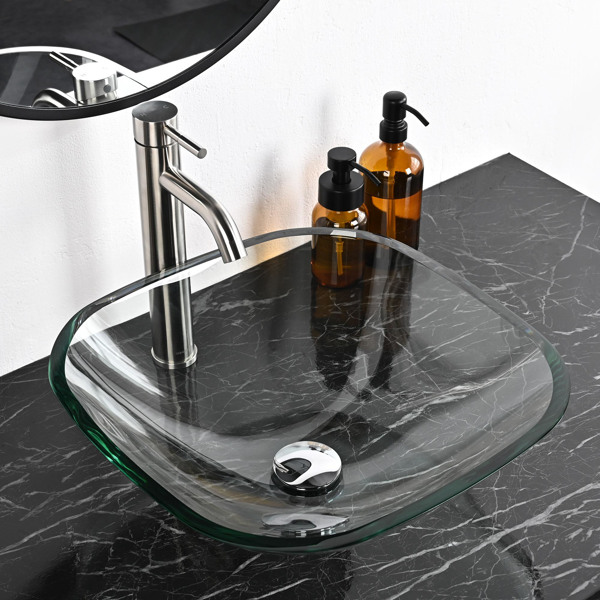 Aquaterior 17 "x17 "x6" 钢化玻璃迷你方形台上式浴室水槽方形，适用于浴室、盥洗室、洗脸台、半浴室等。   （周末不发货，请谨慎下单）-1