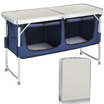  4ft 花白色MDF桌面 户外折叠桌 铝制框架 长方形 带蓝色布柜  3个高度调节 N001