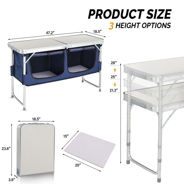 4ft 花白色MDF桌面 户外折叠桌 铝制框架 长方形 带蓝色布柜  3个高度调节 N001-3