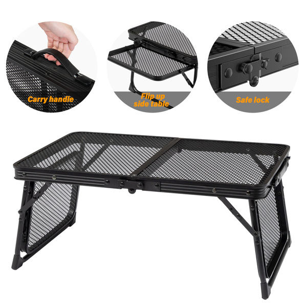  3ft 黑色 户外折叠桌 铝制框架 铁网格桌面 长方形 小号 两侧带边桌 N001-6
