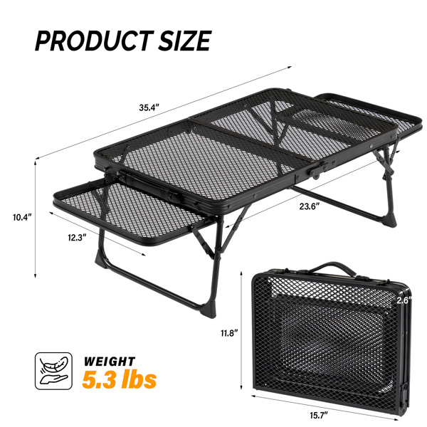  3ft 黑色 户外折叠桌 铝制框架 铁网格桌面 长方形 小号 两侧带边桌 N001-8