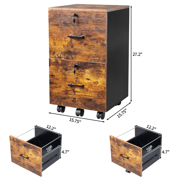  黑撞棕色 密度板贴三胺 二抽 木制文件柜 适用于A4+Letter带标签文件 N001-16