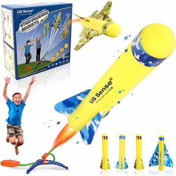美国感官玩具火箭发射器，适合儿童的火箭套装，配有2架滑翔机 + 4泡沫火箭套装 +可调节的踩踏发射器，5、6、7、8、12岁的孩子的火箭