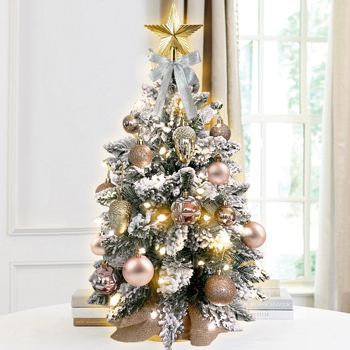 60cm植绒圣诞树带LED灯  人造迷你桌面圣诞装饰  精美饰品适用于家庭公寓办公室  金色