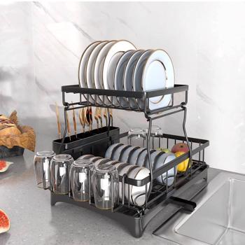 2层厨房柜台用双层碗碟架、带360°排水装置的碗碟烘干架、带餐具架和4个杯架的碗碟排水板套件、柜台上水槽烘干架上的碗碟沥水器