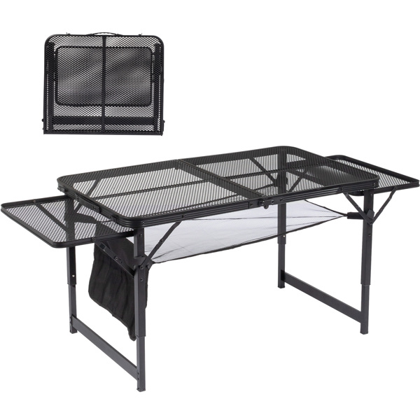  4.7ft 黑色 户外折叠桌 铝制框架 铁网格桌面 长方形 两侧带边桌  配收纳袋 大号 N001-6