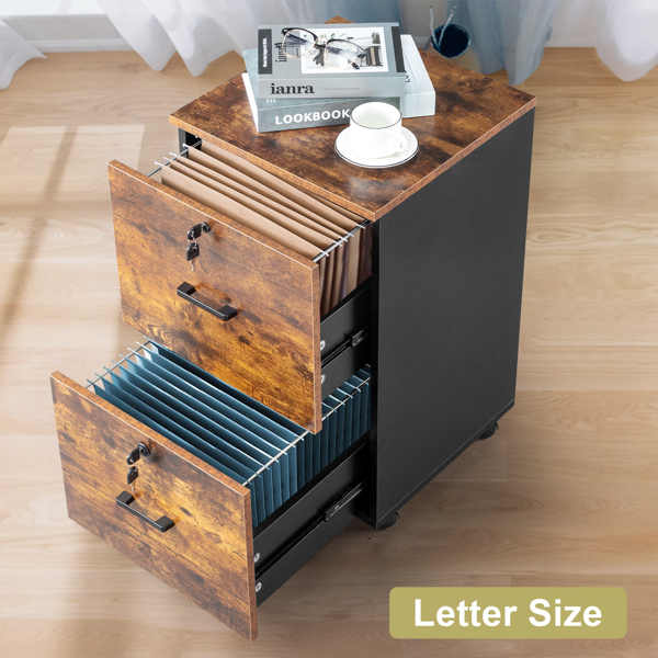  黑撞棕色 密度板贴三胺 二抽 木制文件柜 适用于A4+Letter带标签文件 N001-4