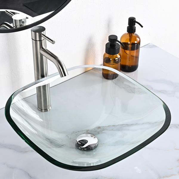 Aquaterior 17 "x17 "x6" 钢化玻璃迷你方形台上式浴室水槽方形，适用于浴室、盥洗室、洗脸台、半浴室等。   （周末不发货，请谨慎下单）-2