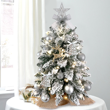 60cm桌面圣诞树带LED灯 人造迷你圣诞装饰 精美饰品适用于家庭公寓办公室 银色