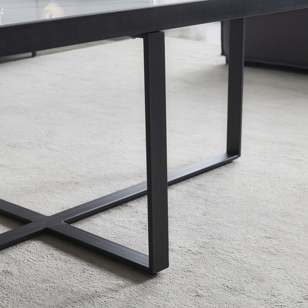 极简主义矩形咖啡桌，黑色金属框架与岩板桌面 防火防刮-18