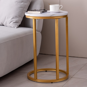 现代c形桌尾/边桌，金色金属框架，圆形大理石顶部15.75英寸
