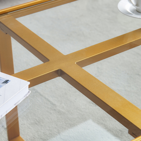 极简主义矩形咖啡桌，金色金属框架与钢化玻璃桌面-15