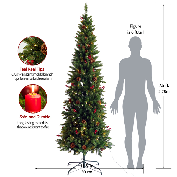 7.5 英尺预点亮人造圣诞树，带 1000 个尖端、300 盏灯、松果、红色贝雷帽、金属铰链和底座，适用于家庭、办公室、派对和节日装饰-7