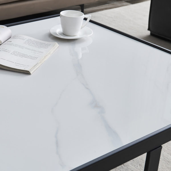 极简主义方形咖啡桌，黑色金属框架与岩板桌面-16
