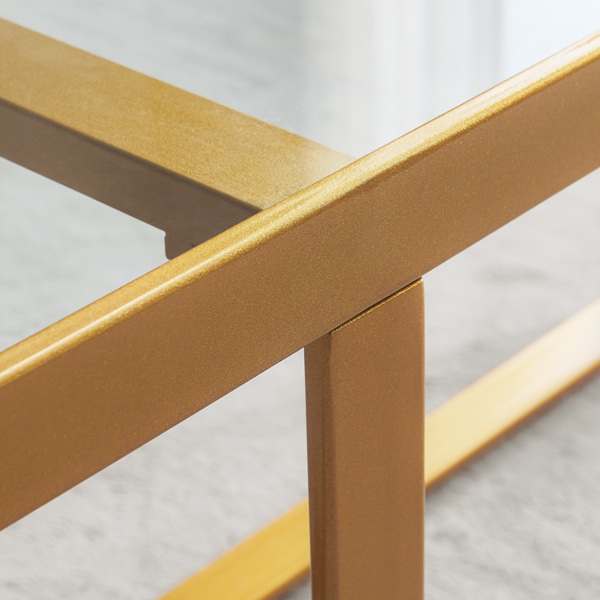 极简主义矩形咖啡桌，金色金属框架与钢化玻璃桌面-16