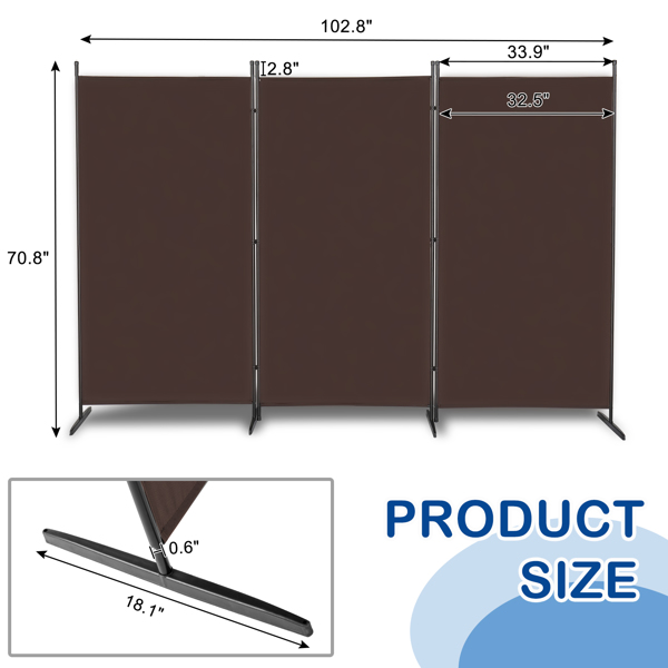  6FT 棕色 三折 130g涤纶布 塑料脚 不锈钢边框 可折叠 屏风 英国-2