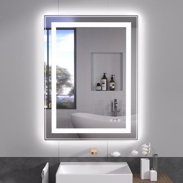 浴室用LED镜子24x32，带灯，防雾，可调光，背光+前照明，墙壁用照明浴室化妆镜，记忆功能，钢化玻璃【周末无法发货，请谨慎下单】-1