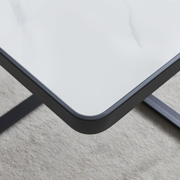极简主义方形咖啡桌，黑色金属框架与岩板桌面-4