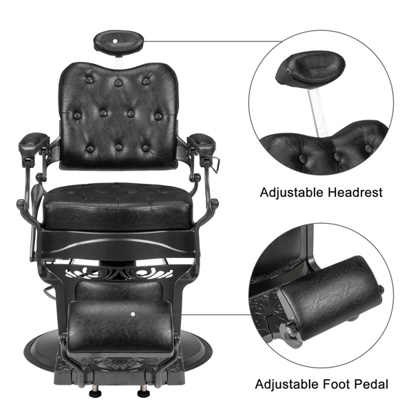 PVC皮革 黑色喷塑铝合金框架 特大泵圆盘带毛巾架 方形靠背坐垫 可后仰 理发椅 150kg 黑色-20