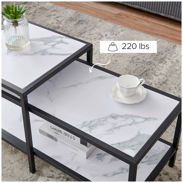 现代嵌套咖啡桌正方形和矩形，黑色金属框架与MDF大理石面板-10