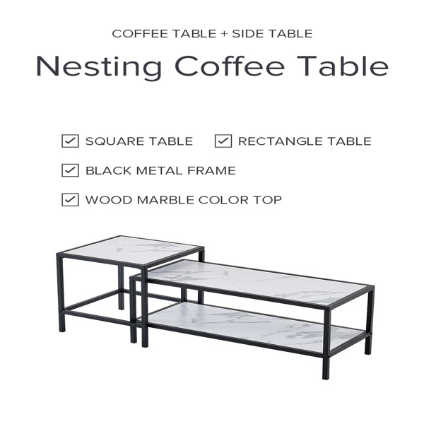 现代嵌套咖啡桌正方形和矩形，黑色金属框架与MDF大理石面板-2