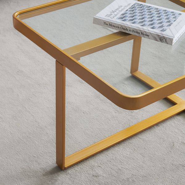 极简主义矩形咖啡桌，金色金属框架与钢化玻璃桌面-14