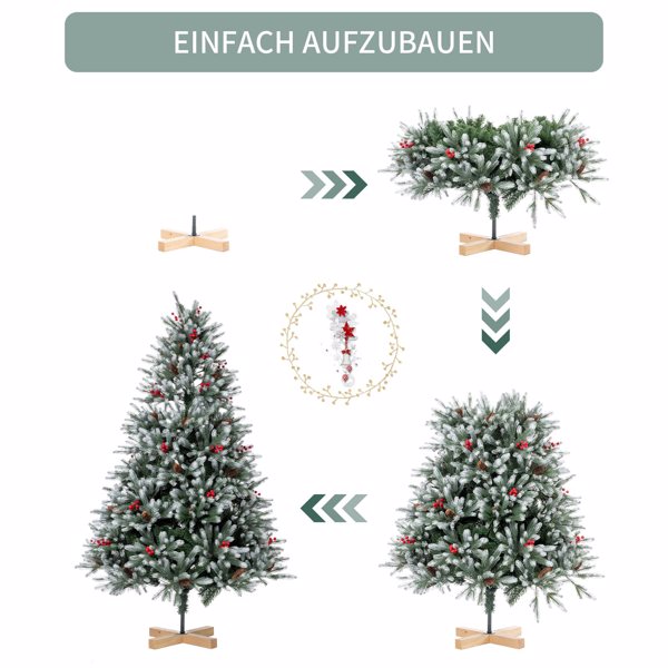 人造圣诞树 180 厘米密实树枝优质 PE/PVC 圣诞树，带松果和红色浆果，木架-6