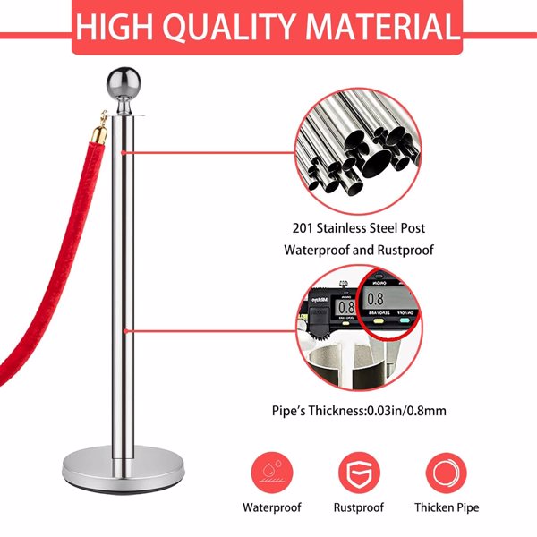 支柱和绒绳，红地毯绳索和杆 5 英尺/1.5 米，不锈钢支柱柱，绳索安全屏障（银色-4 个）-3
