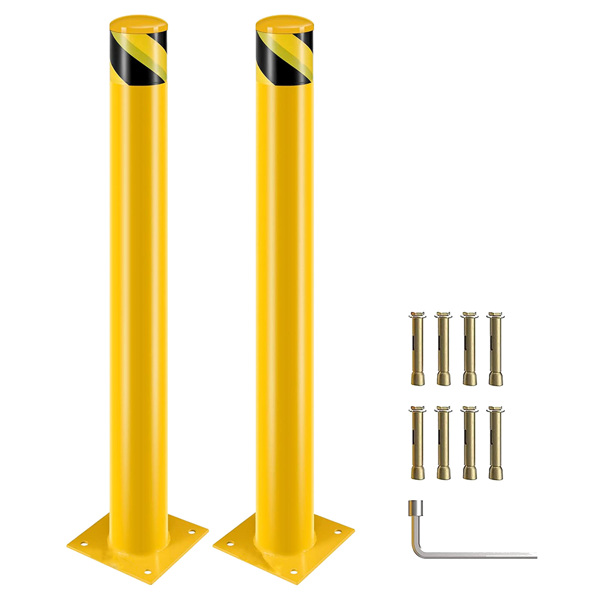 安全系缆桩，48 英寸高系缆桩立柱，黄色粉末涂层安全停车栏杆立柱，带 4 个锚固螺栓，适用于高流量区域的钢制安全管式系缆桩（2 件）-1
