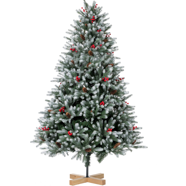 人造圣诞树 180 厘米密实树枝优质 PE/PVC 圣诞树，带松果和红色浆果，木架-1