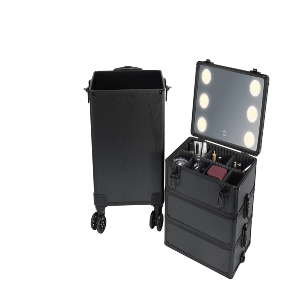  4pcs 拉杆式带LED三色变化灯 可USB双插口或电池蓄电  万向轮 ABS 皮革纹 黑色 化妆箱 33*23*78cm N001-3