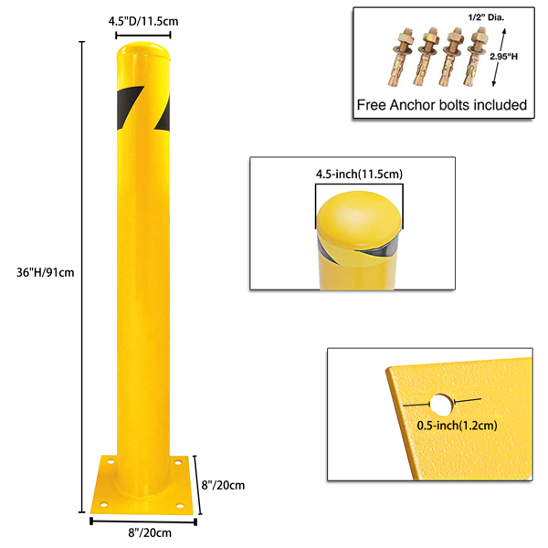 安全系缆桩，36 英寸高系缆桩立柱，黄色粉末涂层安全停车栏杆立柱，带 8 个锚固螺栓，适用于高流量区域的钢制安全管式系缆桩（2 件）-2