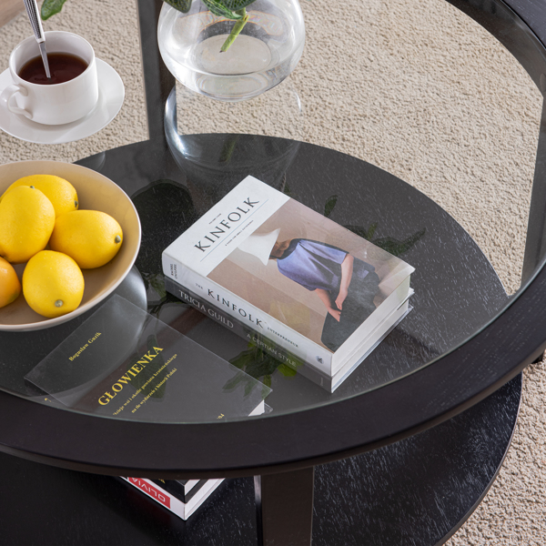 圆形玻璃顶实木储物咖啡桌，黑色-4