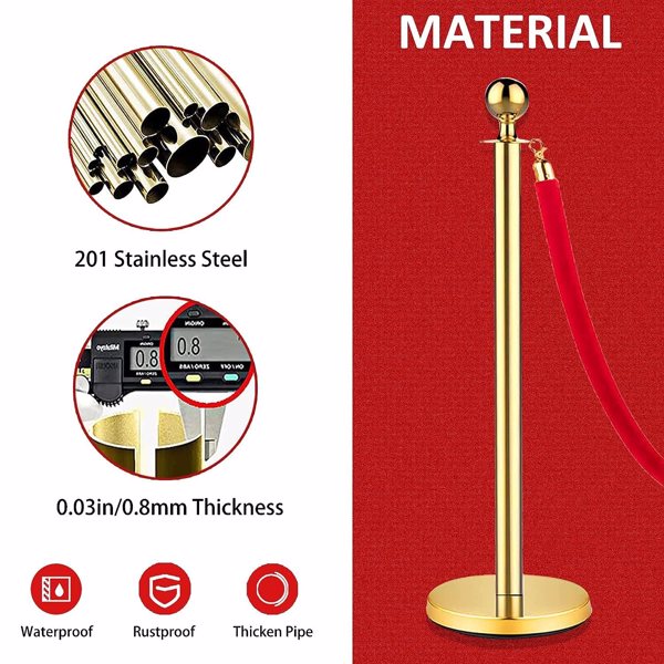金色支柱和天鹅绒绳索，红色地毯绳索和杆 5 英尺/1.5 米，不锈钢支柱柱，绳索安全屏障（金色-4 个）-4
